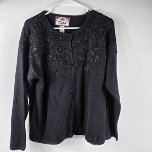 VintageTiara International Black Beaded Cardigan Sweater Medium‎ Ramie Cotton